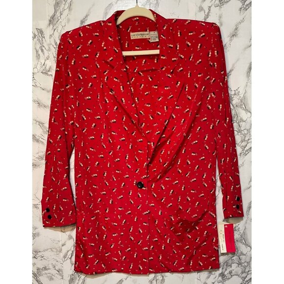 Liz Claiborne Vintage 1990s  Red Silk Blazer guitars  Sz 4 Modern Jazz Print - Picture 1 of 10